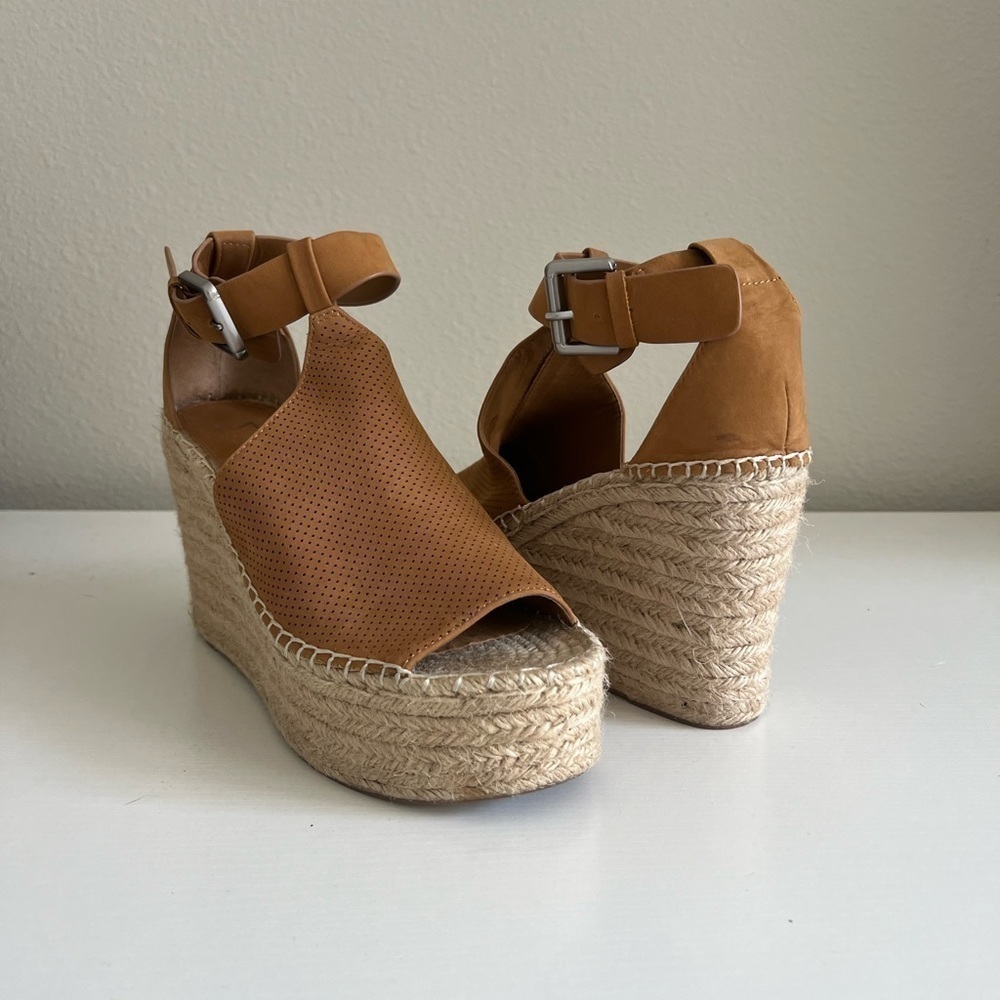 Marc Fisher Mlannie Tan Leather Espadrille Wedge Heels